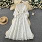 French Romantic Style Stand Collar Lantern Sleeve Heavy Embroidery Dress