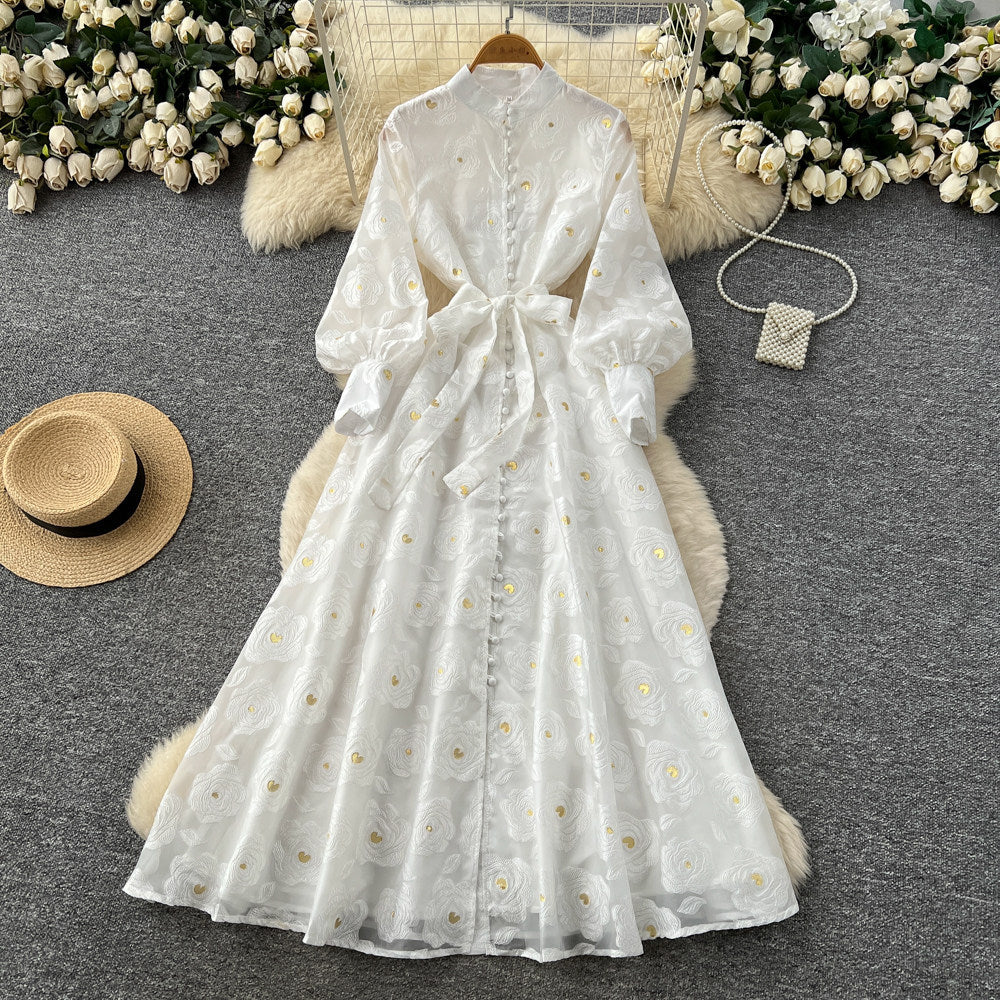 French Romantic Style Stand Collar Lantern Sleeve Heavy Embroidery Dress
