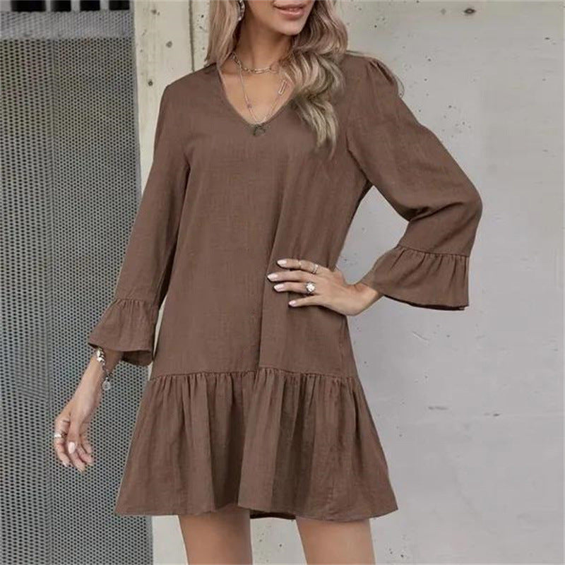 Women's Fashion Loose Temperament Collar Solid Color Pleated Cotton And Linen Dress
