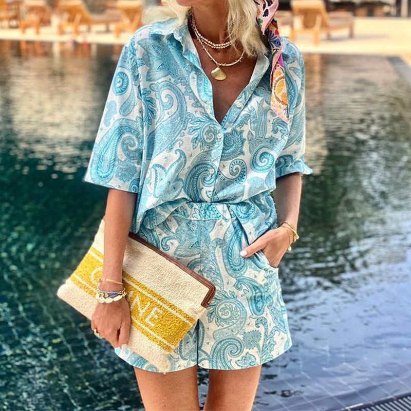 European American Fashion Floral Print Vacation Short Sleeve Shirt Shorts Two-piece Suit