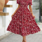 Printed Square Collar Waist-tight Puff Sleeve Layered Dress