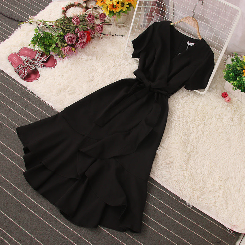 Women's Fashion Vintage Solid Color Short-sleeved High-waisted Dress