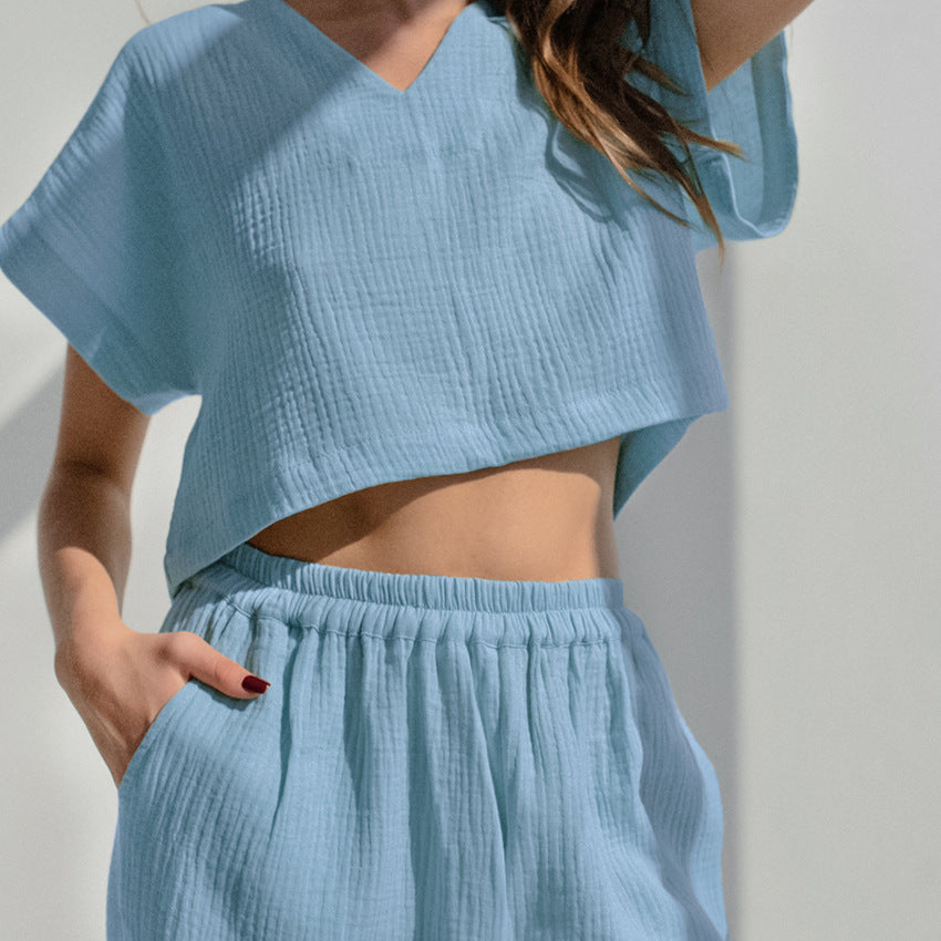 Pyjama simple double couche Champray couleur unie à manches courtes et col en V, pantalon en coton et lin