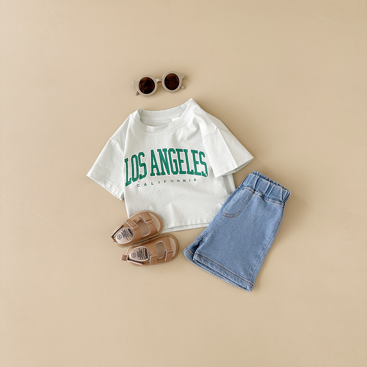Summer Baby Letter Print Short-sleeve Top Denim Shorts Suit