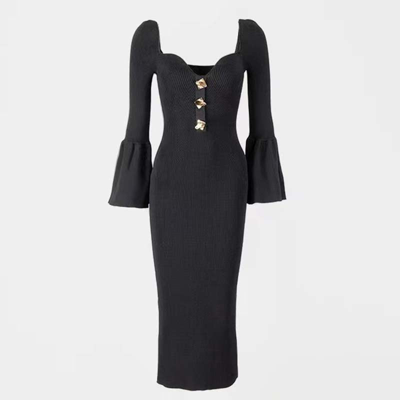 Classic Style Ladies Square Collar Long Sleeve One-step Dress