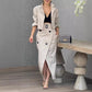 Women's Suit Lapel Patchwork Coat Skirt Two-piece Set Including Belt