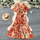 Strap-tied Waist V-Neck Irregular Print Chiffon Maxi Dress