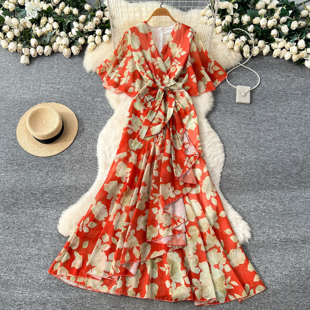 Strap-tied Waist V-Neck Irregular Print Chiffon Maxi Dress