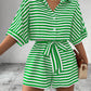 Striped Lapel Cardigan Button Half Sleeve Belt Shorts Suit Jumpsuit