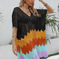 Color Contrast Patchwork Wave Pattern Woven Shirt Cutout Beach Dress