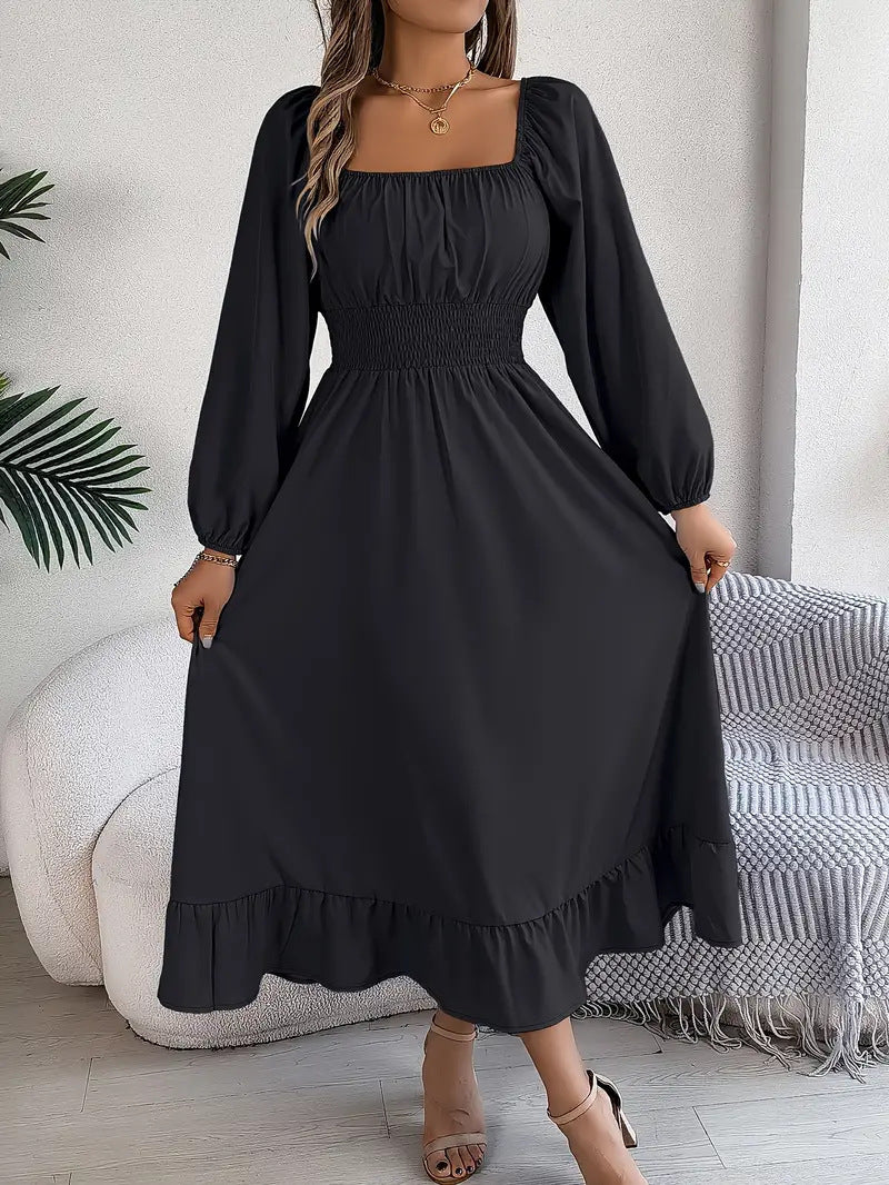 Elegant Casual Ruffled Solid Color Square Collar Large Swing Dress