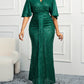 High Waist V-neck Pure Color Sequins Shoulder Sleeve Dress Women's Long Formal Dress