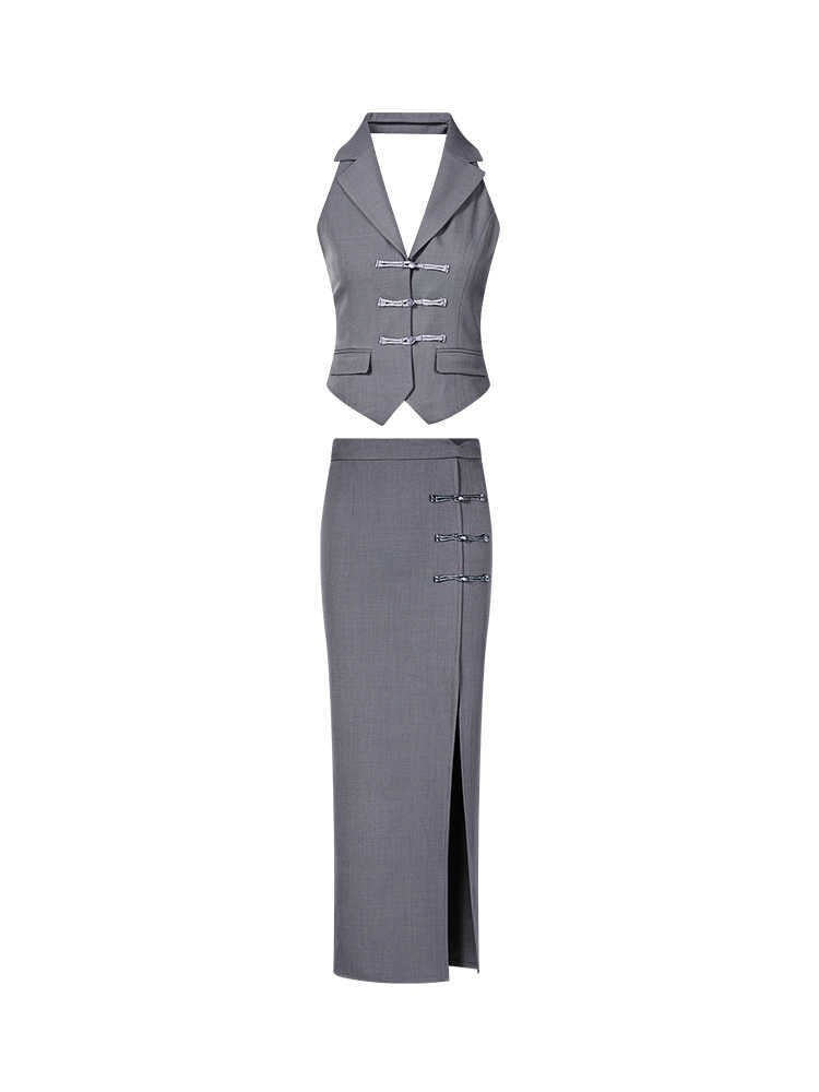 Chinese Style Traditional Halter Spaghetti Straps Vest Slit Skirt Suit