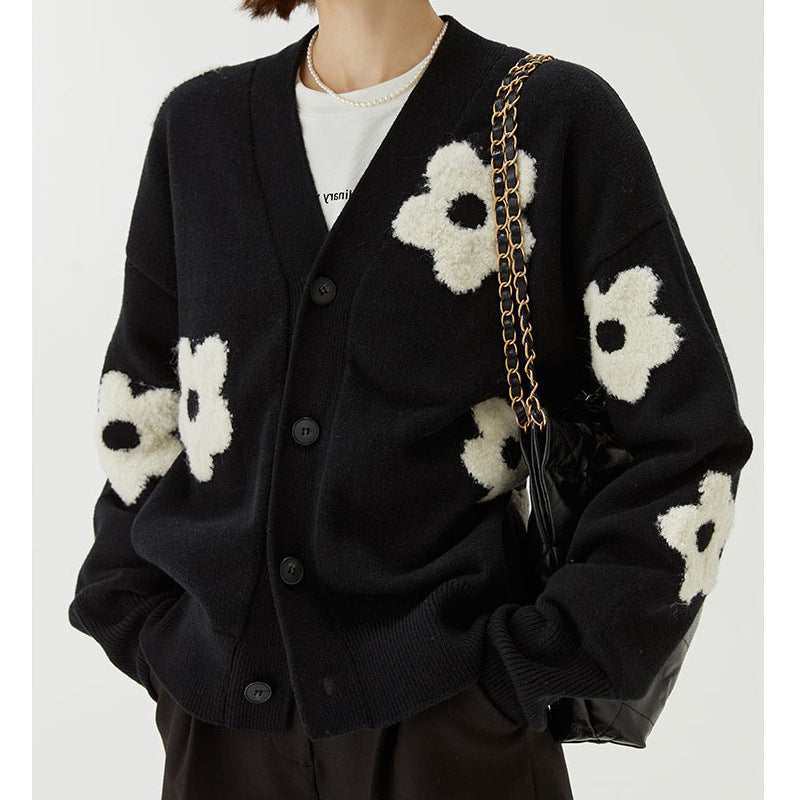 Women's V-neck Three-dimensional Applique Thin Floral Knitwear Jacket