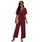 European And American V-neck Women's Tie Waist Solid Color Jumpsuit