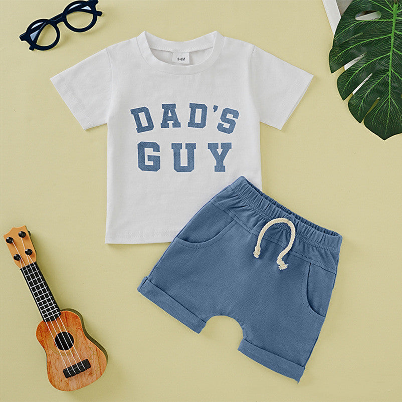 Ensemble short imprimé à col rond et manches courtes pour garçon, couleur unie, avec poches