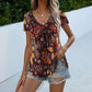 Women's Multicolor V-Neck Printed Short Sleeve T-Shirt