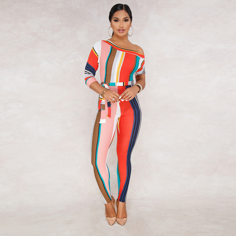 Striped mid-sleeve jumpsuit