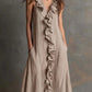 Solid-color Sleeveless Cotton-Linen V-Neck Maxi Dress With Ruffled Hem