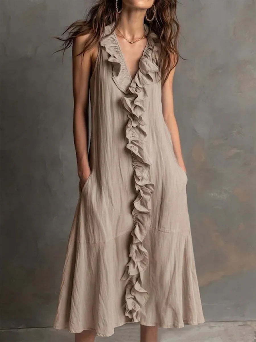 Solid-color Sleeveless Cotton-Linen V-Neck Maxi Dress With Ruffled Hem