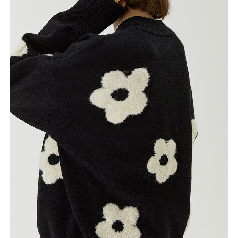 Women's V-neck Three-dimensional Applique Thin Floral Knitwear Jacket