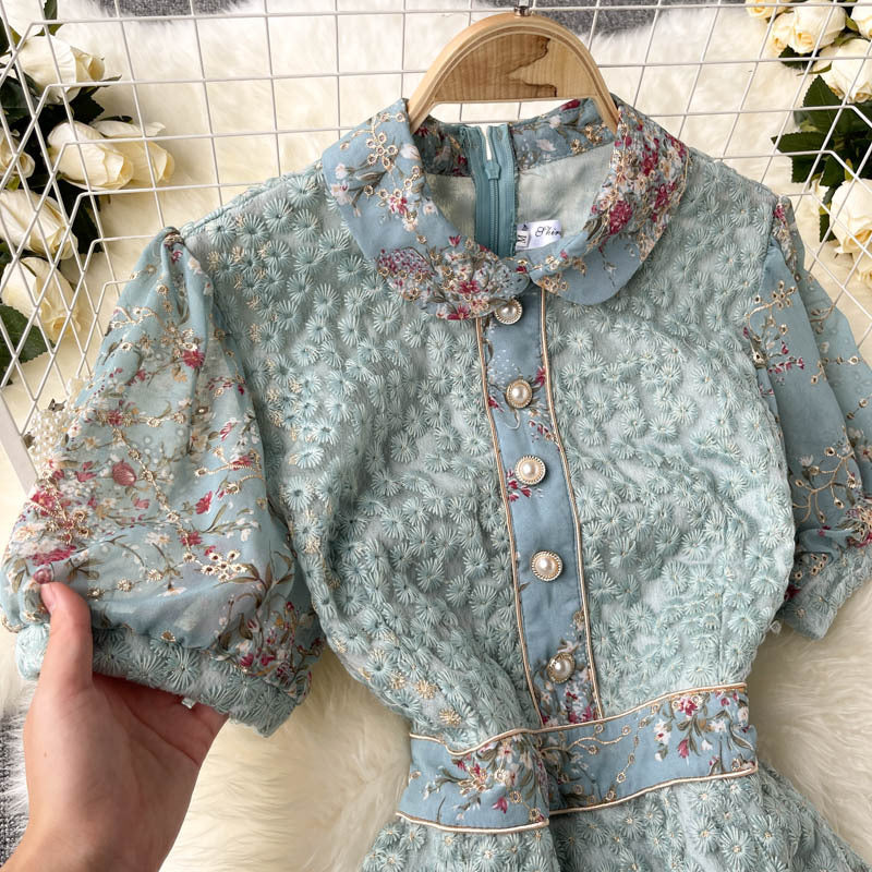 Light Luxury Ladies Fried Street Dress French Puff Sleeves Age-reducing Slim Short Heavy Industry Embroidered Ruffle Skirt