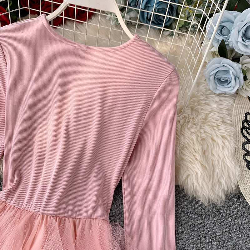 French retro long-sleeved mesh stitching knit dress