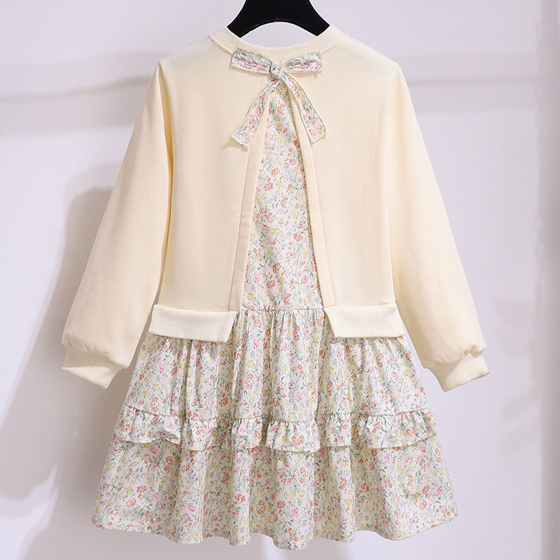 Robe de printemps à manches longues pour fille, style occidental, avec fausses coutures et motif floral