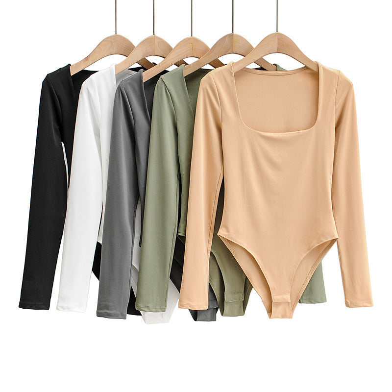 Square Neck Long Sleeve Skinny Slim Bodysuit