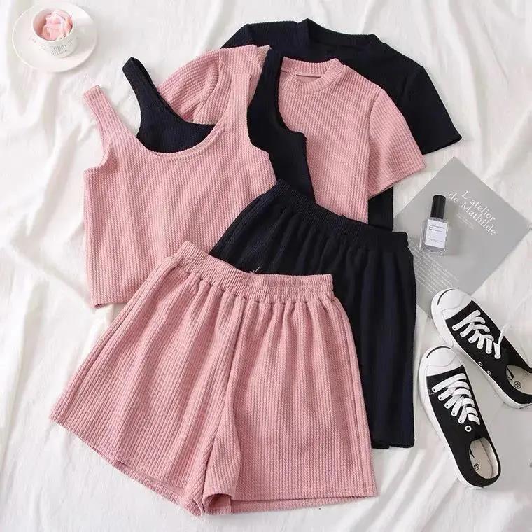 Women's Short-sleeved Student Three-piece Set Wide-leg Shorts