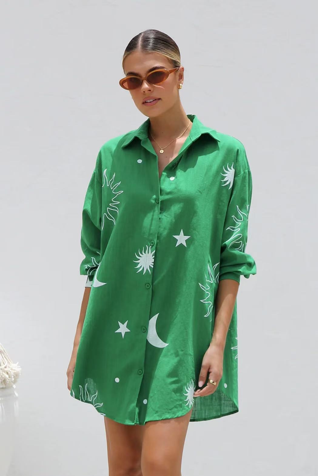 Women's Fashionable Loose Casual Cardigan Dress With Print And Lapel
