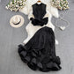 Stand Collar Ruffled Sleeveless Top High Waist Fishtail Skirt Suit