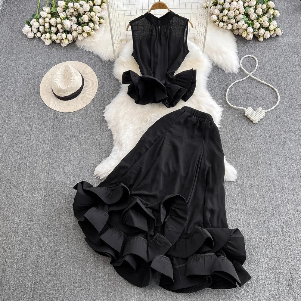 Stand Collar Ruffled Sleeveless Top High Waist Fishtail Skirt Suit