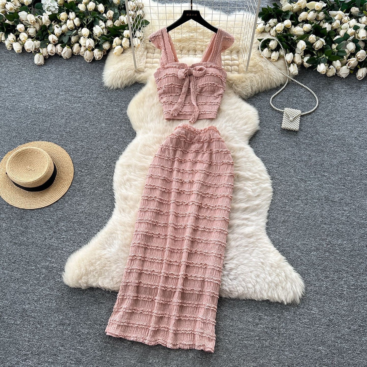 Bow-tie Square-neck Camisole With Cap Sleeves High-waisted Sheath Skirt