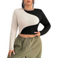 Slim Fit Midriff-baring Slimming Patchwork Round Neck Long Sleeve