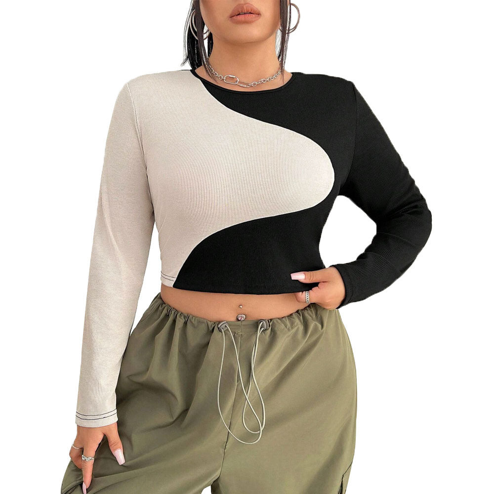 Slim Fit Midriff-baring Slimming Patchwork Round Neck Long Sleeve