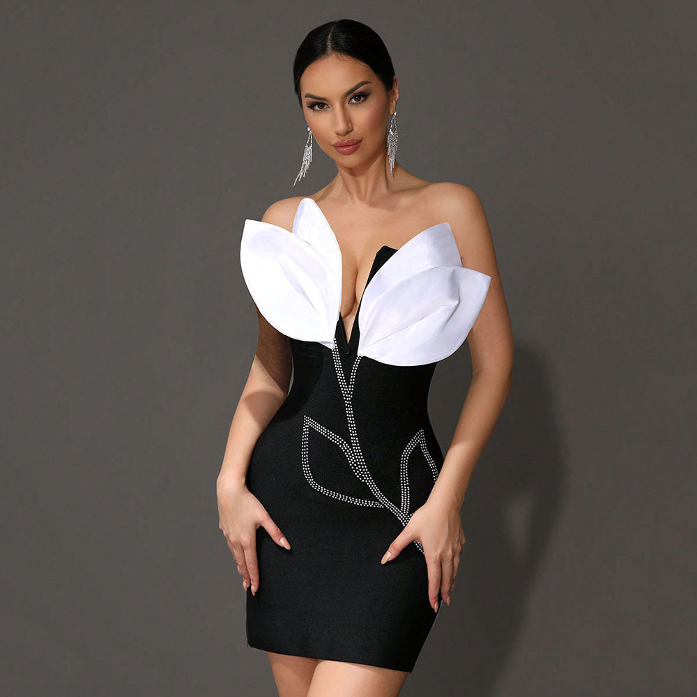 Black One-shoulder Sleeveless Flower Bandage Dress