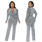 Waist Trimming V-neck Puff Sleeve Glossy Knitted Jumpsuit