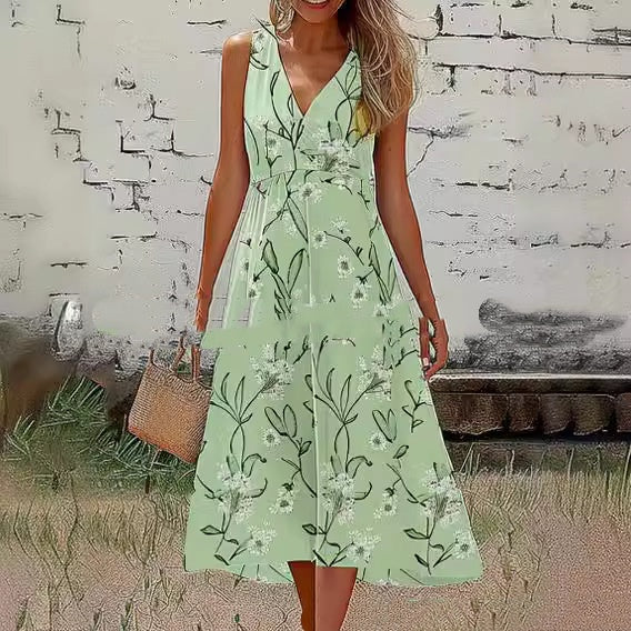 V-neck Patchwork Casual All-match Printed Dress