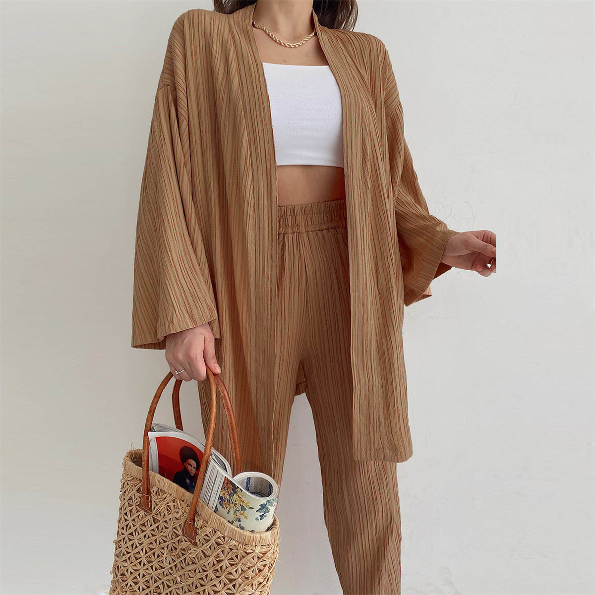 Costume décontracté camel pour femmes européennes et américaines, début d'automne, haut cardigan à manches longues, pantalon droit, tenue de maison, costume deux pièces