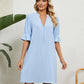 Summer Dress Solid Color V-neck Loose Pleated Half-sleeve Dress For Women