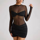 Round Neck Long Sleeve Mesh Stitching Dress