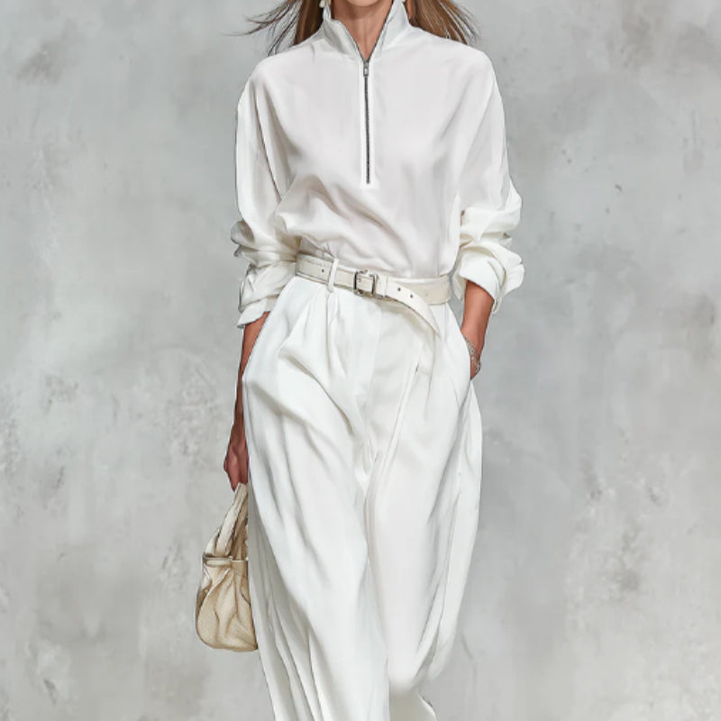 Elegant High Quality Zip Up Collar Long Sleeved Shirt And Wide Leg Pants Set