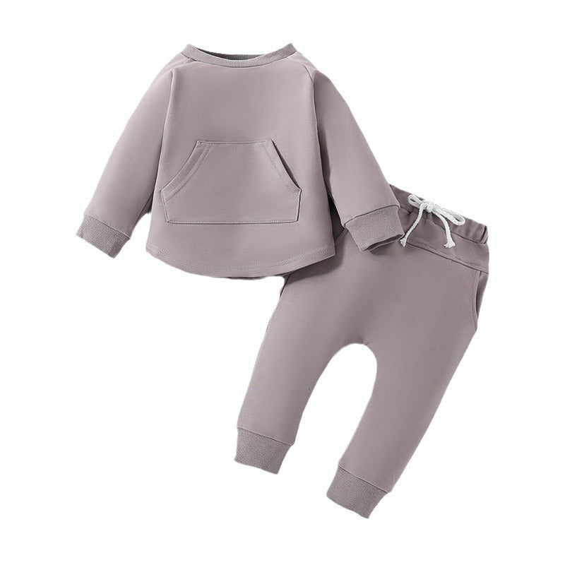 Pull à manches longues et pantalon de couleur unie, vêtements deux pièces pour enfants