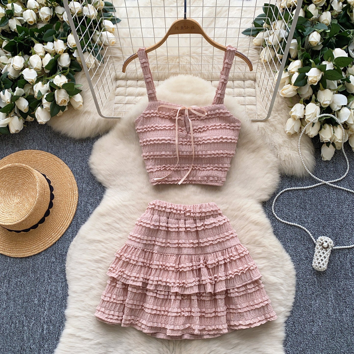 Square-neck Slip Dress With A High Waist Pleated Ruffled Hem