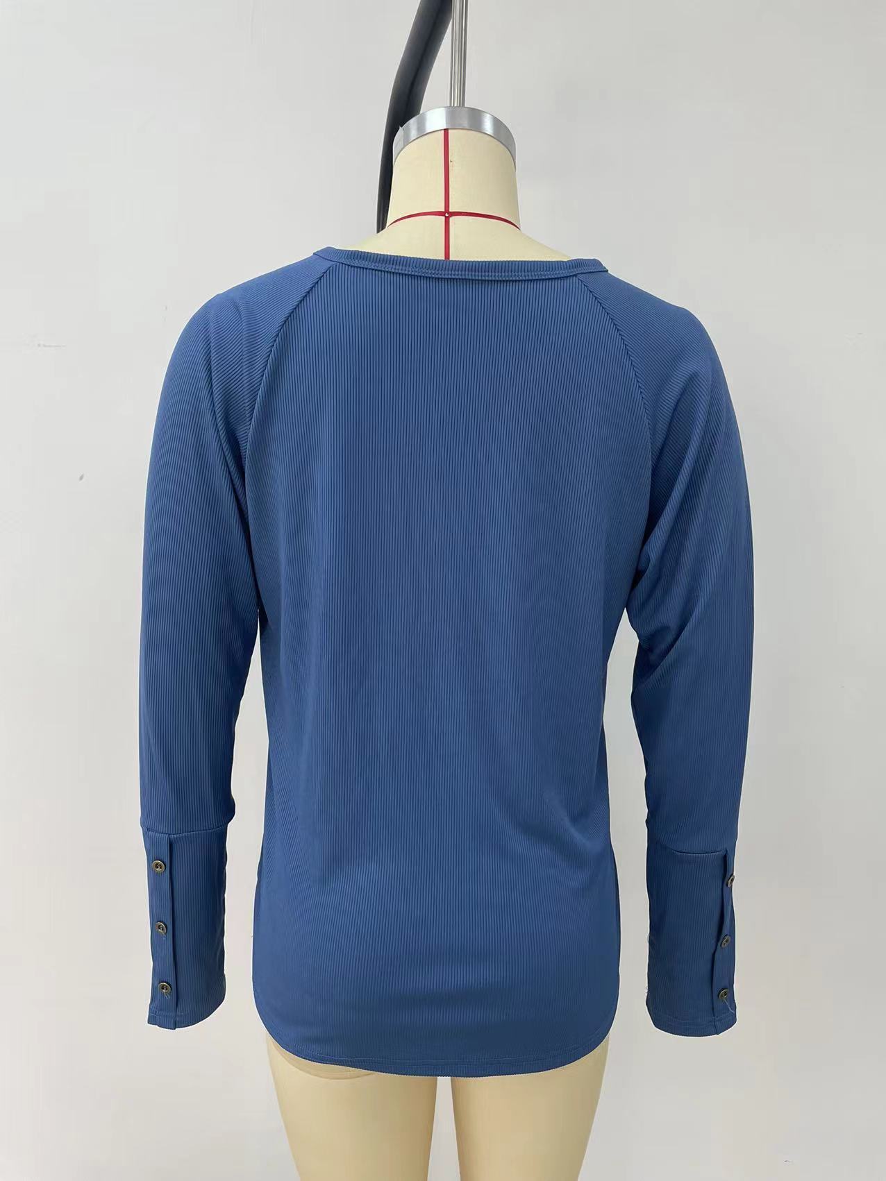 Button V-neck Versatile Long-sleeved T-shirt