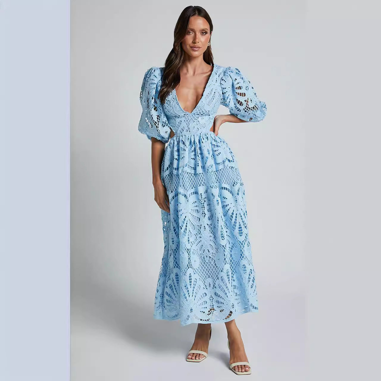 Women's Hollow Out V-neck Lace Embroidery Dress