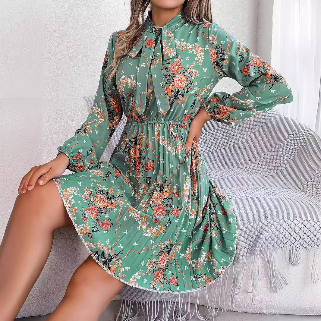 Jupe plissée à manches longues et lacets à taille contrôlée, style européen et américain, automne et hiver, élégante, à fleurs