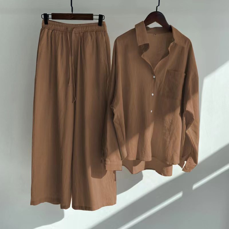 Ensemble 2 pièces rétro grande taille pour femme, chemise en coton et lin, pantalon ample taille haute