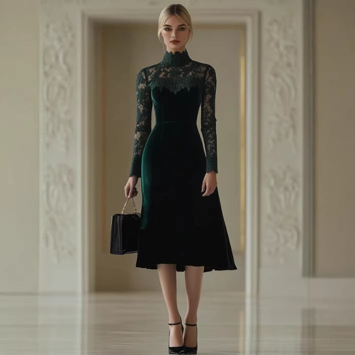 Vintage Velvet Stitched Lace High-Neck Long-Sleeve Midi Dress